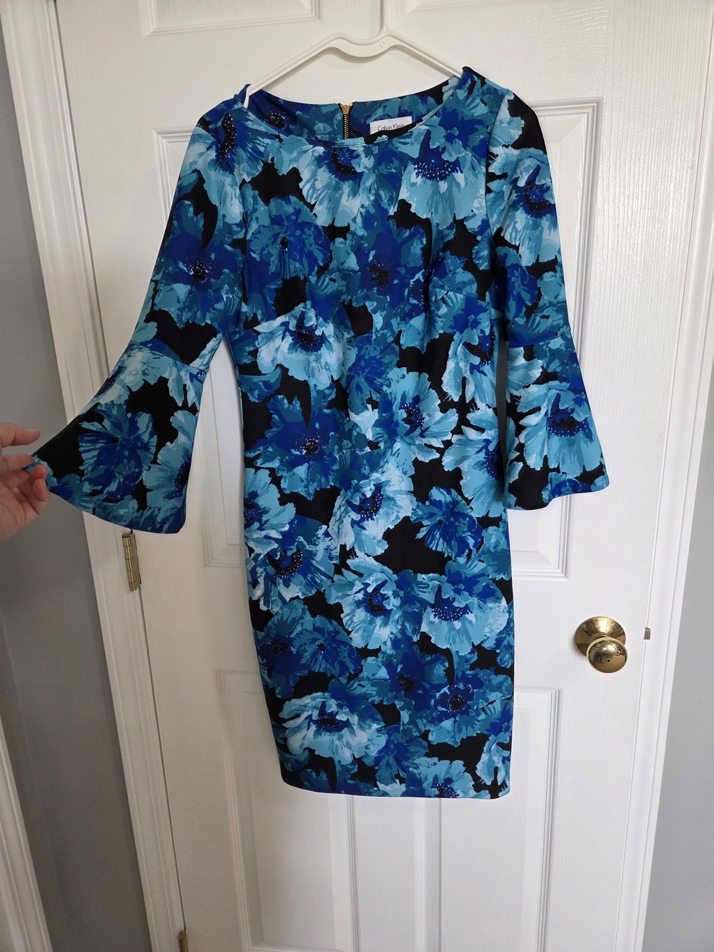 Calvin Klein Blue Floral Shift Dress with Bell Sleeves